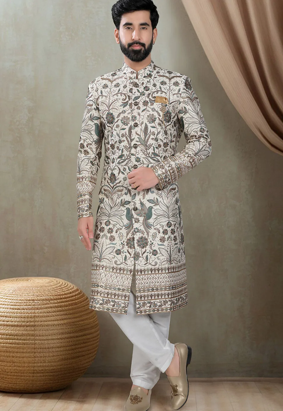 Embroidered Art Silk Sherwani in Cream