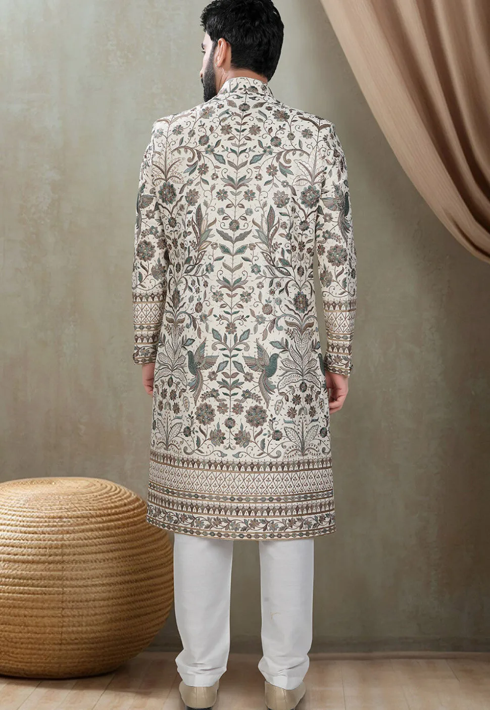 Embroidered Art Silk Sherwani in Cream