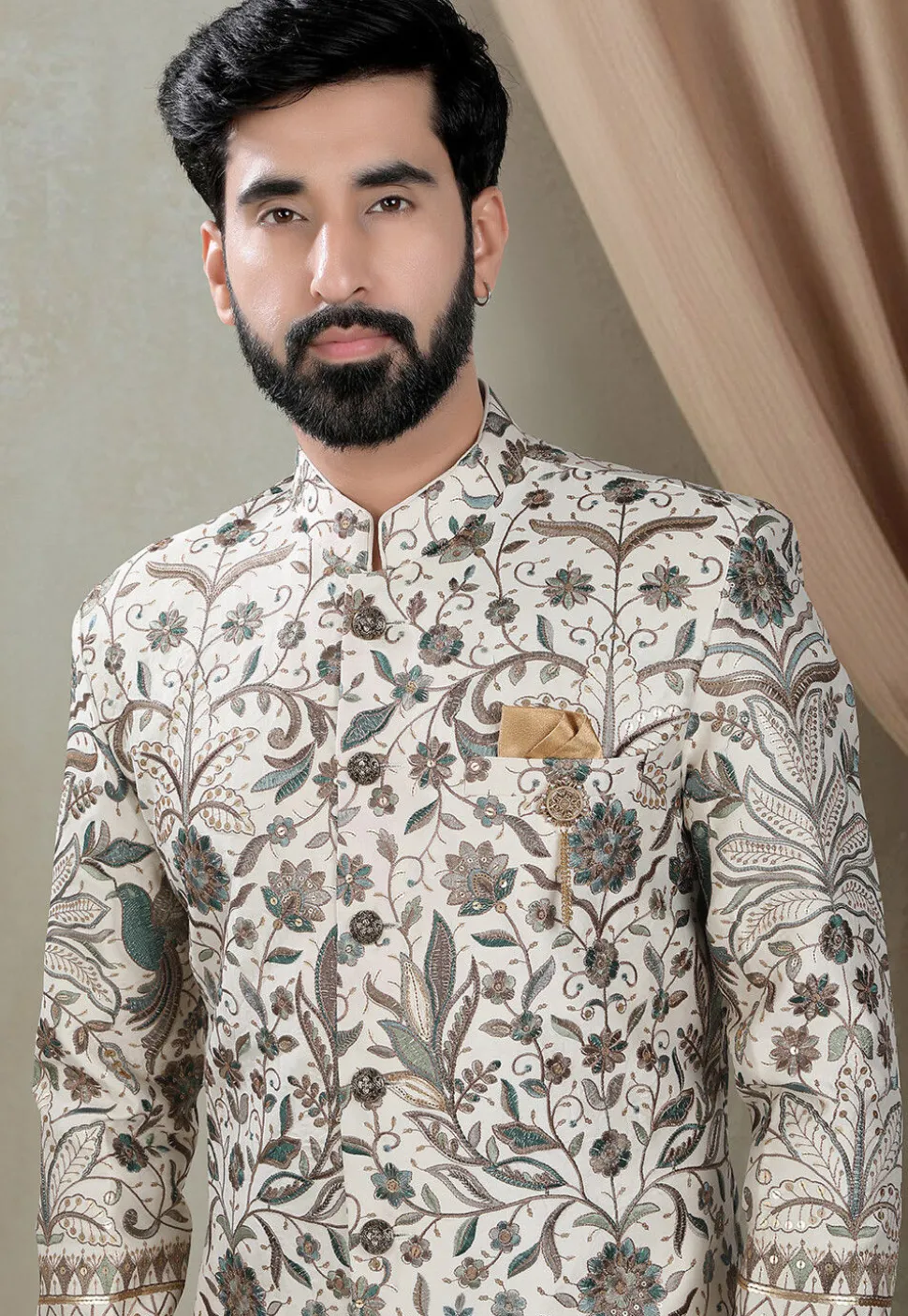 Embroidered Art Silk Sherwani in Cream
