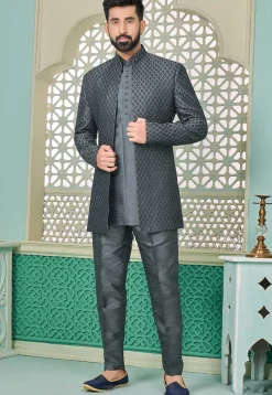 Embroidered Art Silk Sherwani in Grey