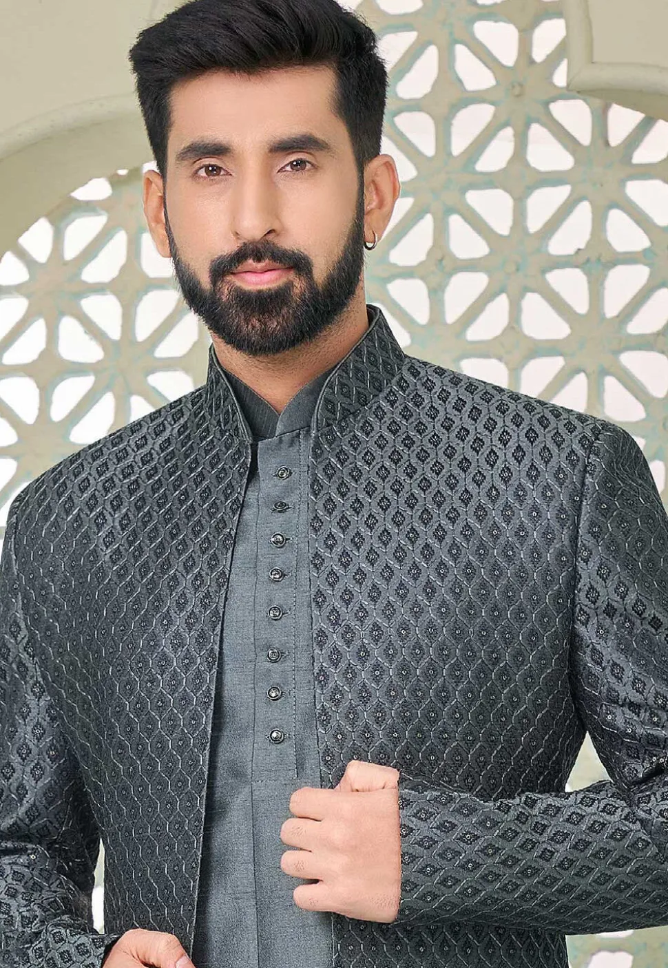 Embroidered Art Silk Sherwani in Grey