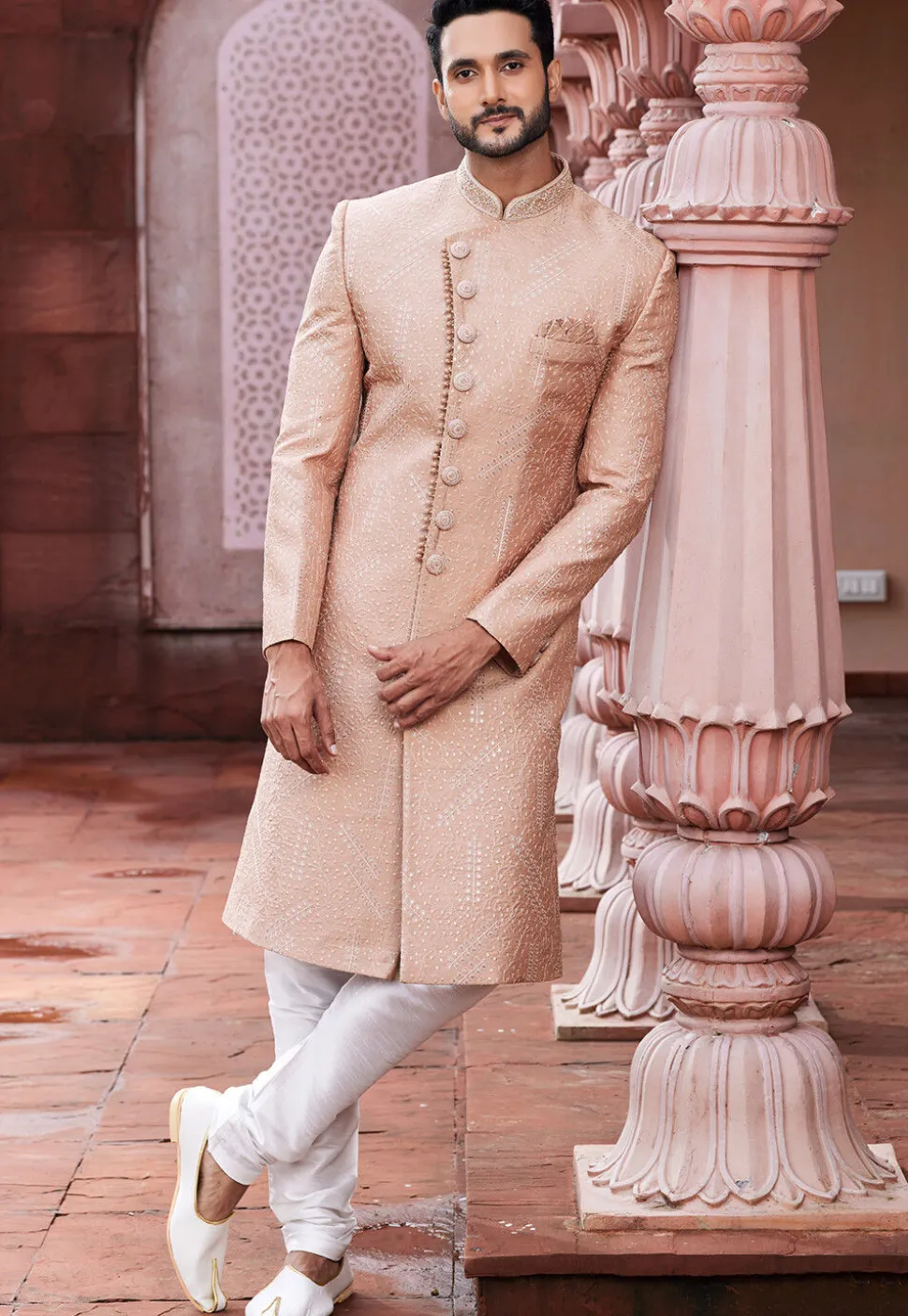 Embroidered Art Silk Sherwani in Peach