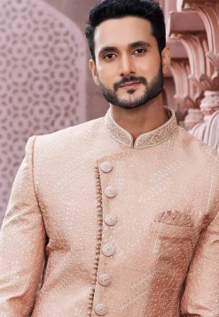 Embroidered Art Silk Sherwani in Peach