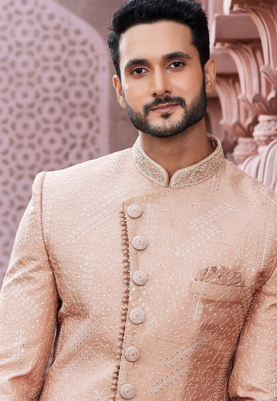 Embroidered Art Silk Sherwani in Peach