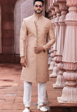 Embroidered Art Silk Sherwani in Peach