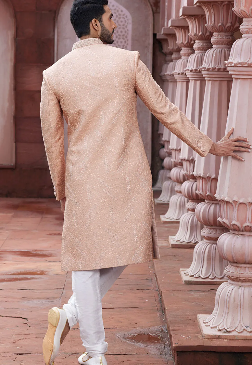 Embroidered Art Silk Sherwani in Peach