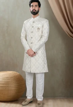 Embroidered Art Silk Sherwani in Off White
