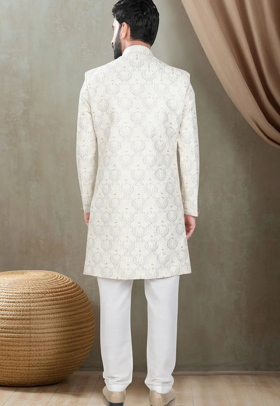Embroidered Art Silk Sherwani in Off White