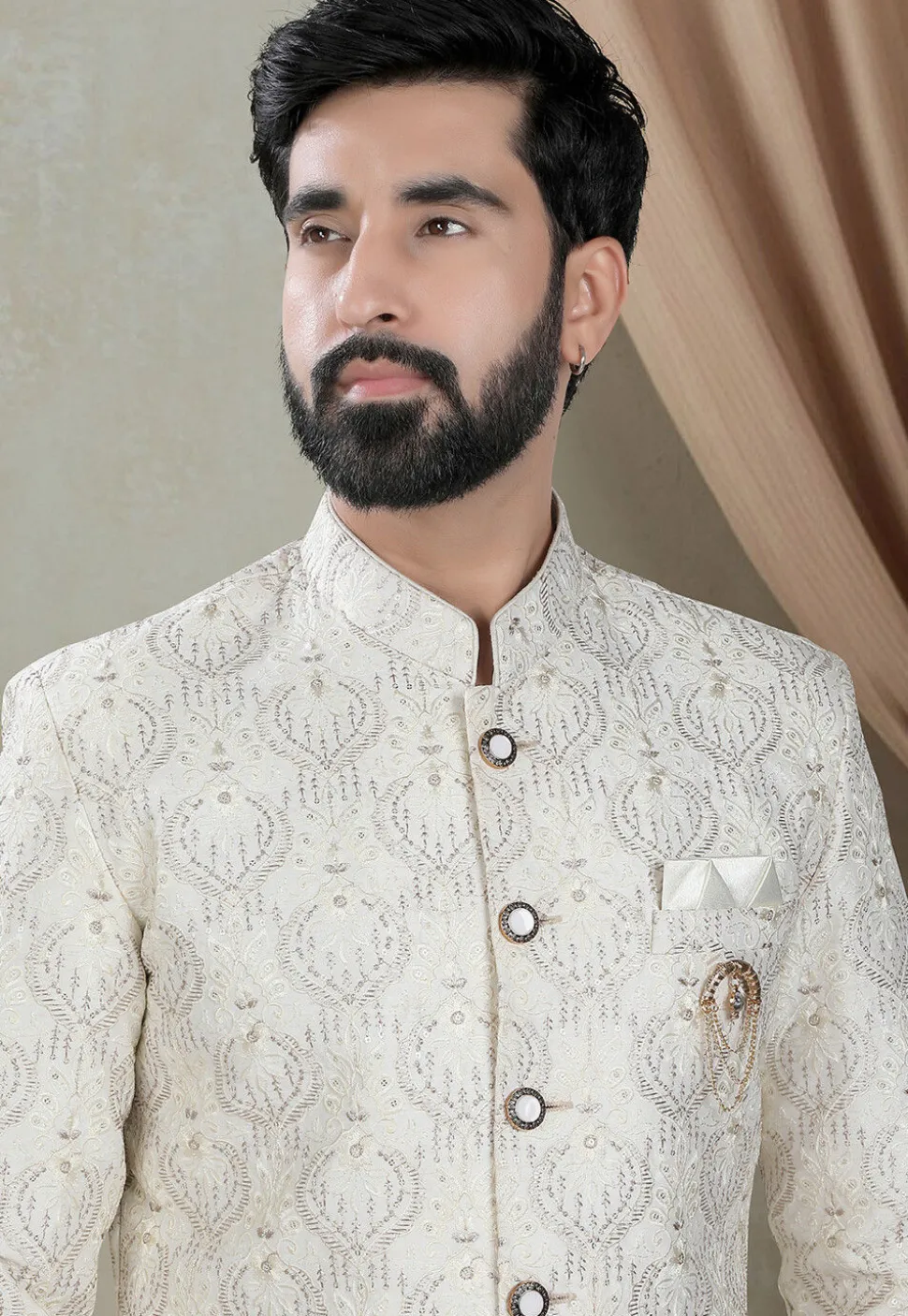 Embroidered Art Silk Sherwani in Off White