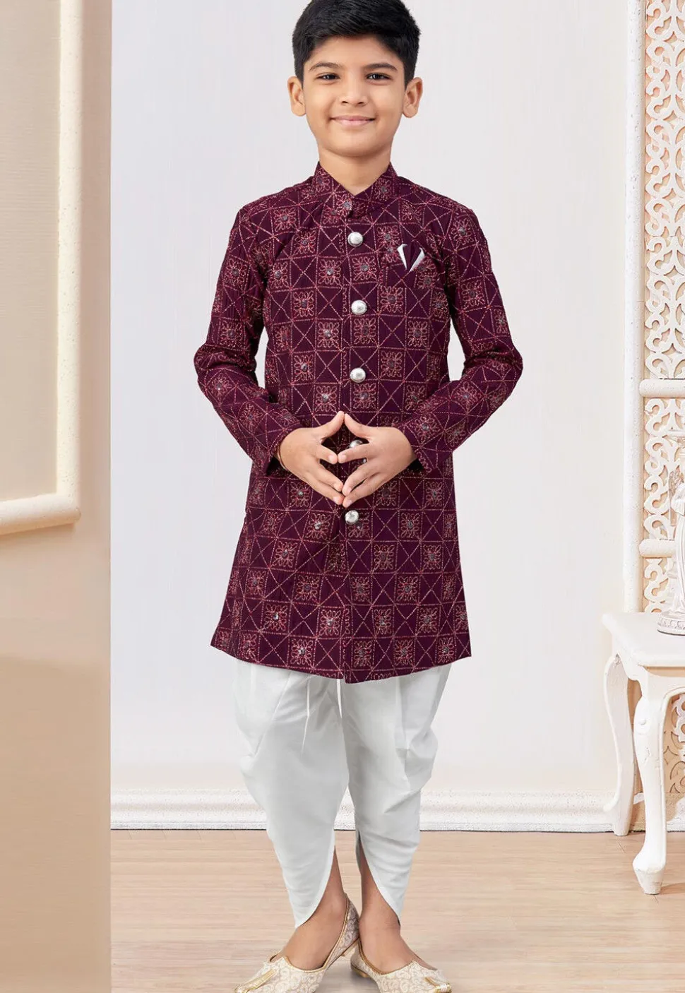 Embroidered Art Silk Sherwani in Purple