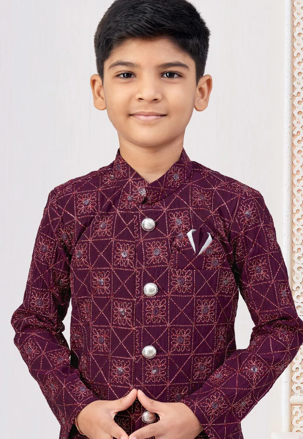 Embroidered Art Silk Sherwani in Purple