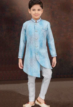 Embroidered Art Silk Sherwani in Blue and Off White