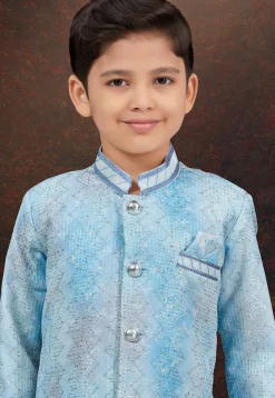Embroidered Art Silk Sherwani in Blue and Off White