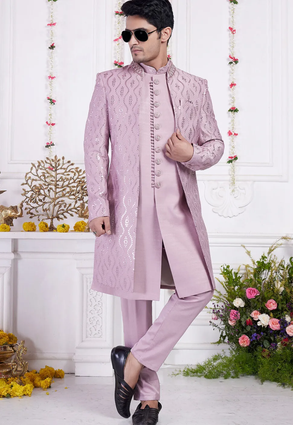 Embroidered Art Silk Sherwani in Purple