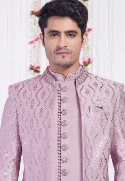 Embroidered Art Silk Sherwani in Purple