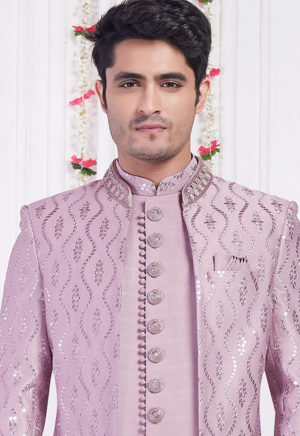 Embroidered Art Silk Sherwani in Purple