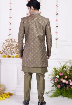 Embroidered Art Silk Sherwani in Dark Olive Green