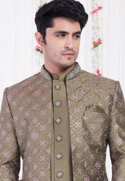 Embroidered Art Silk Sherwani in Dark Olive Green