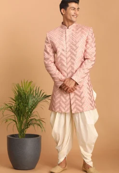 Embroidered Art Silk Sherwani in Peach Pink