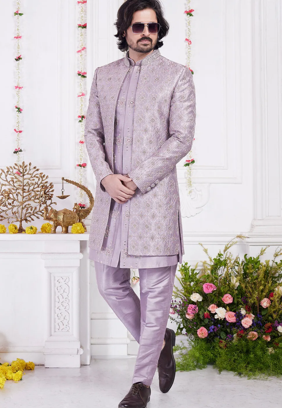 Embroidered Art Silk Sherwani in Purple