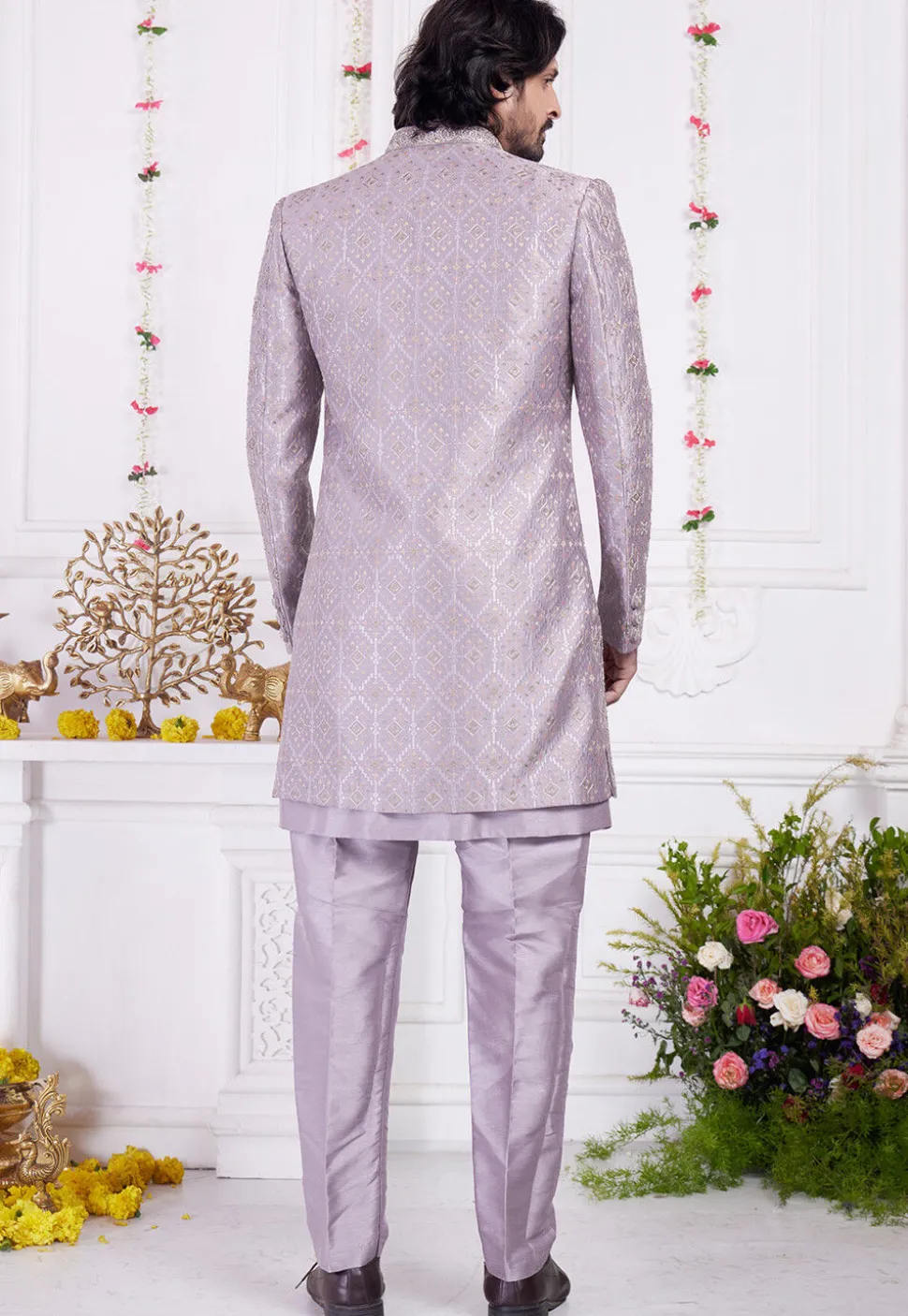 Embroidered Art Silk Sherwani in Purple