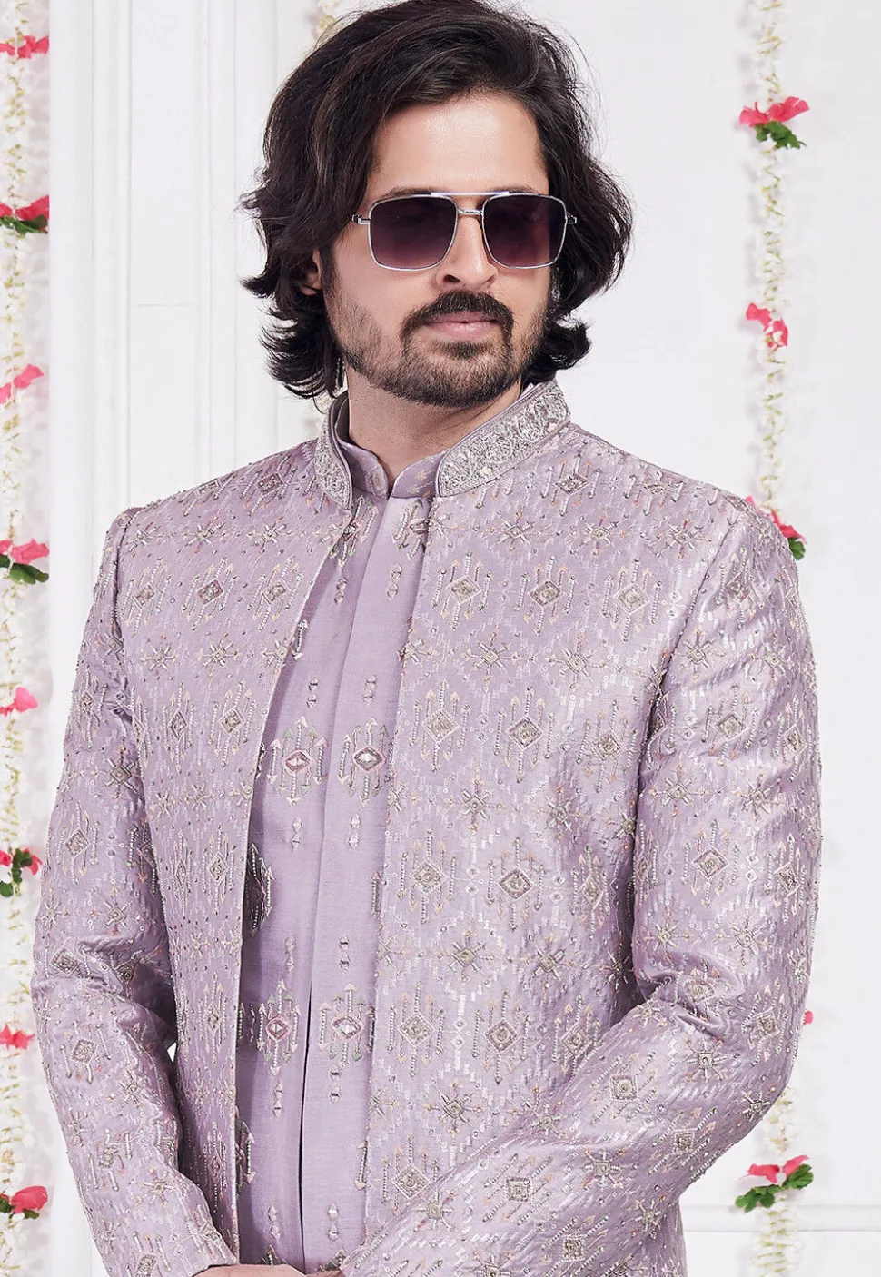 Embroidered Art Silk Sherwani in Purple
