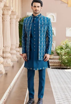 Embroidered Art Silk Sherwani in Teal Blue