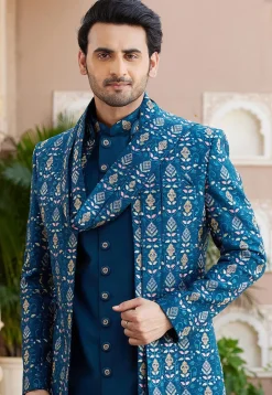 Embroidered Art Silk Sherwani in Teal Blue
