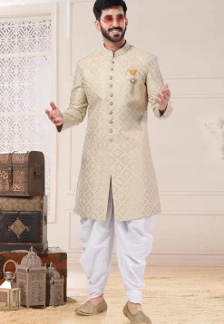 Embroidered Art Silk Sherwani in Light Beige