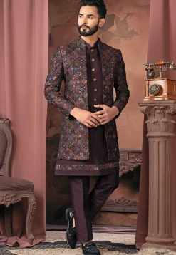 Embroidered Art Silk Sherwani in Wine