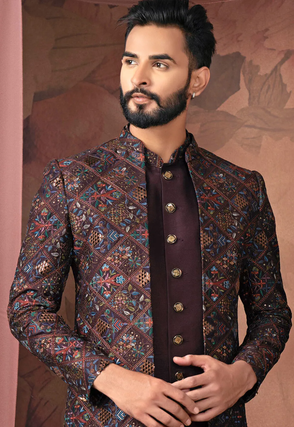 Embroidered Art Silk Sherwani in Wine