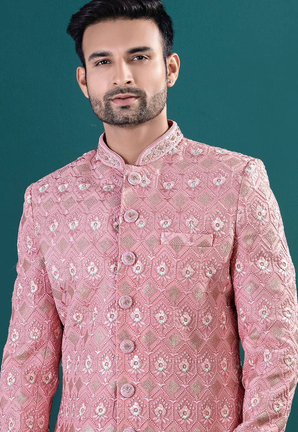 Embroidered Art Silk Sherwani in Pink