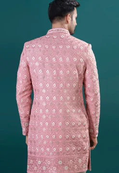 Embroidered Art Silk Sherwani in Pink