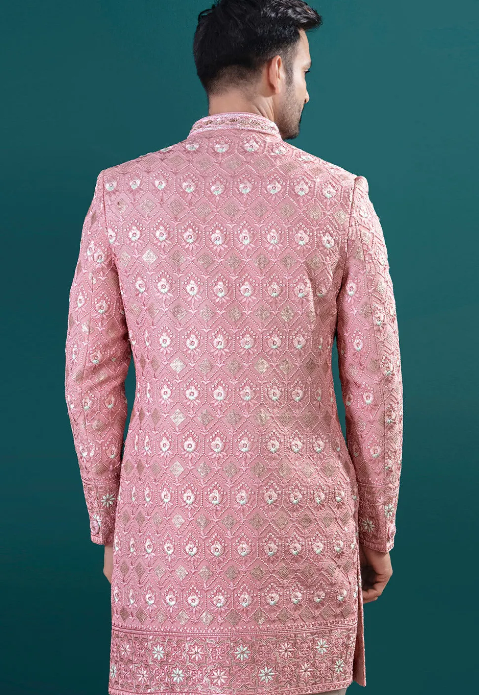 Embroidered Art Silk Sherwani in Pink