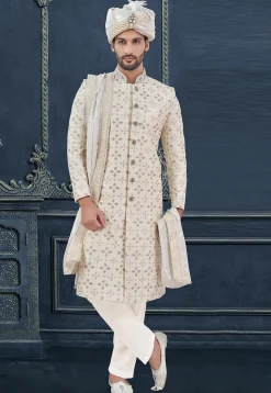 Embroidered Art Silk Sherwani in Cream