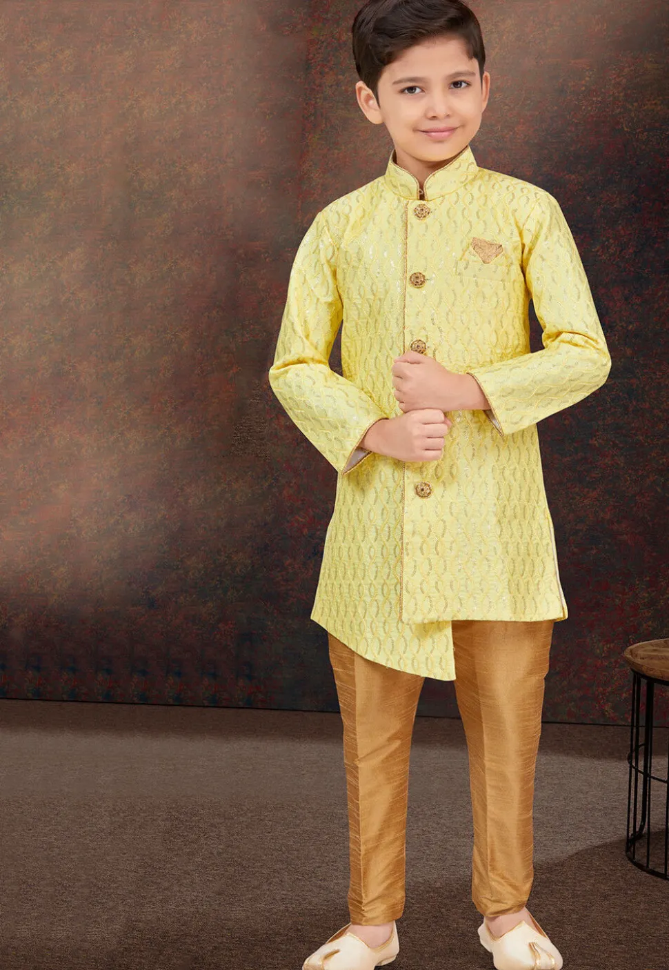 Embroidered Art Silk Sherwani in Yellow