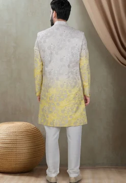 Embroidered Art Silk Sherwani in Shaded Grey and Yellow