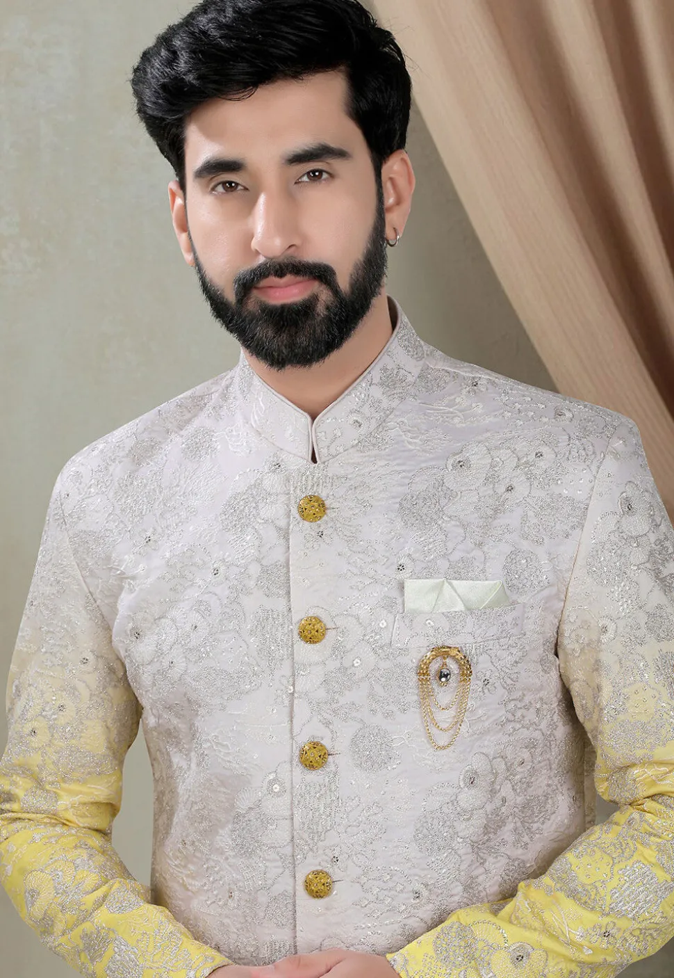 Embroidered Art Silk Sherwani in Shaded Grey and Yellow
