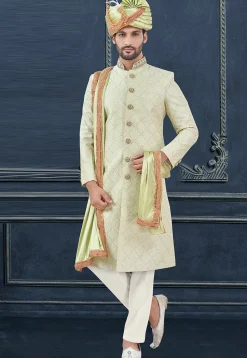 Embroidered Art Silk Sherwani in Light Green