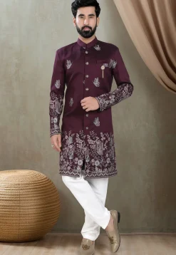 Embroidered Art Silk Sherwani in Purple