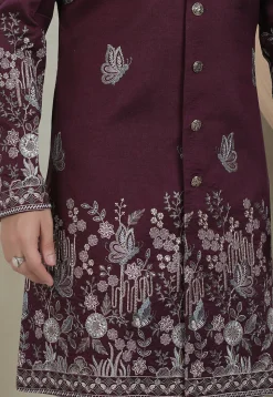 Embroidered Art Silk Sherwani in Purple
