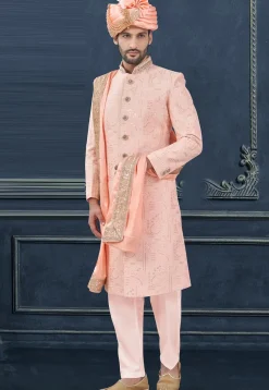 Embroidered Art Silk Sherwani in Peach