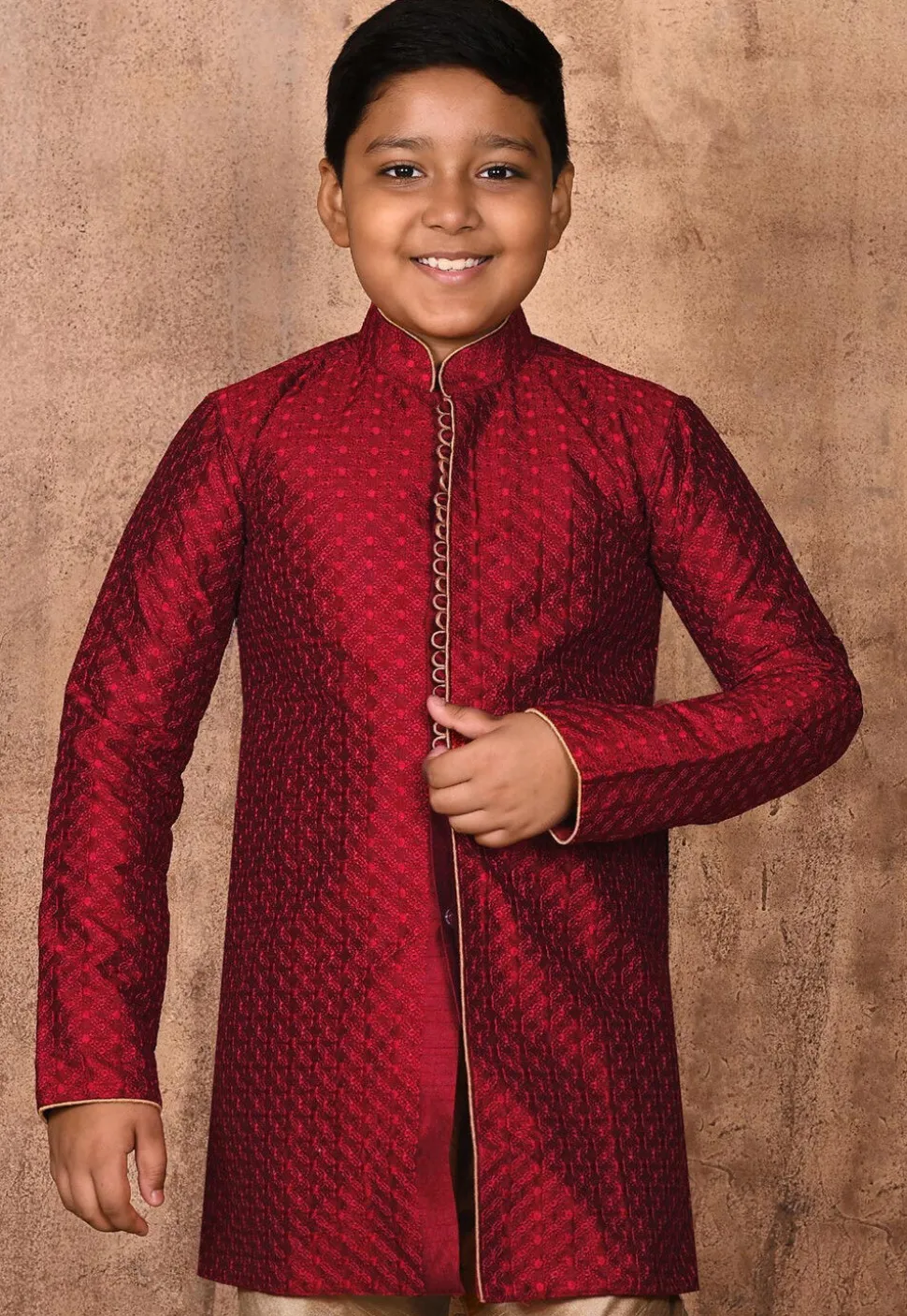 Embroidered Art Silk Sherwani Set in Maroon
