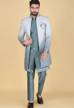 Embroidered Art Silk Sherwani in Dusty Green and Dusty Blue