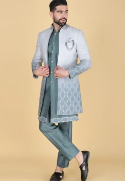 Embroidered Art Silk Sherwani in Dusty Green and Dusty Blue
