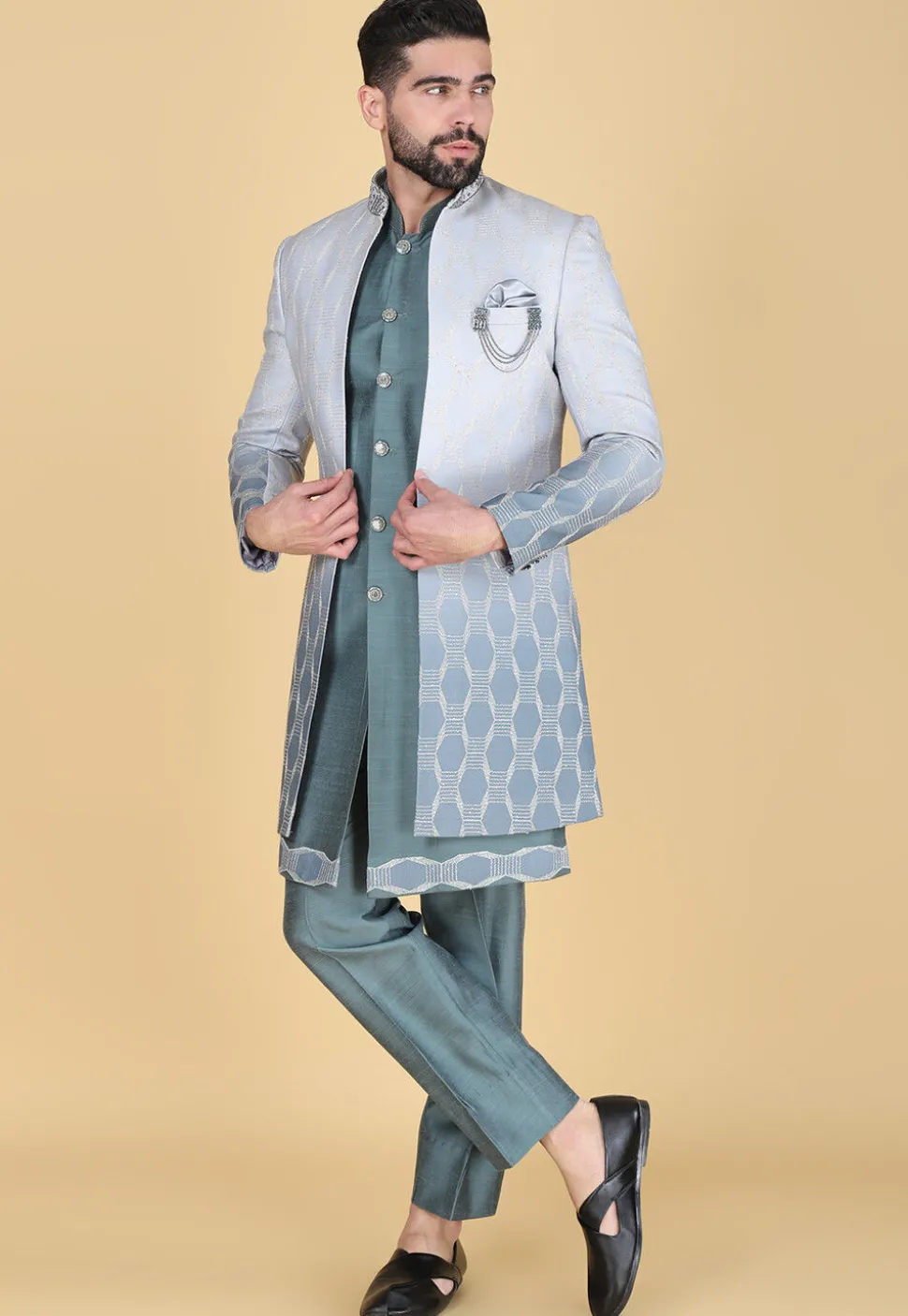 Embroidered Art Silk Sherwani in Dusty Green and Dusty Blue