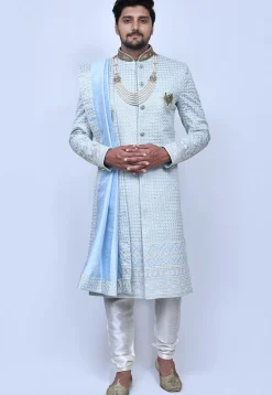 Embroidered Art Silk Sherwani in Sky Blue