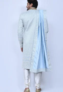 Embroidered Art Silk Sherwani in Sky Blue