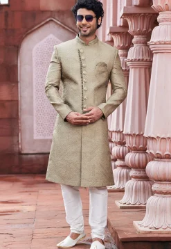 Embroidered Art Silk Sherwani in Beige
