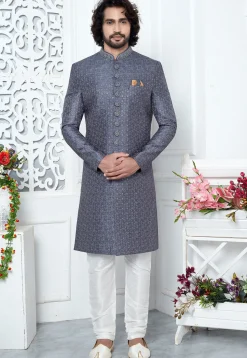 Embroidered Art Silk Sherwani in Dusty Blue